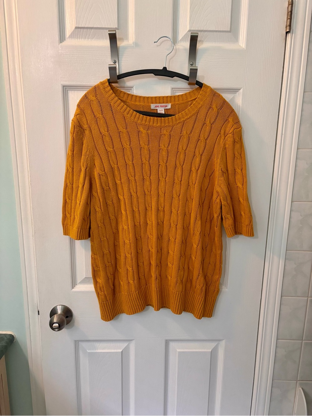 Joe Fresh Cable-Knit Short Sleeve Sweater in Mustard Yellow